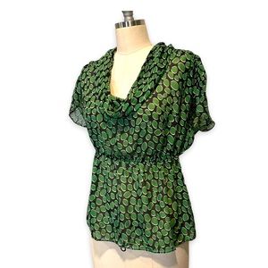 Anthropologie by Odille Green and Black Polka Dot Cowl Neck Silk Blouse Size 6